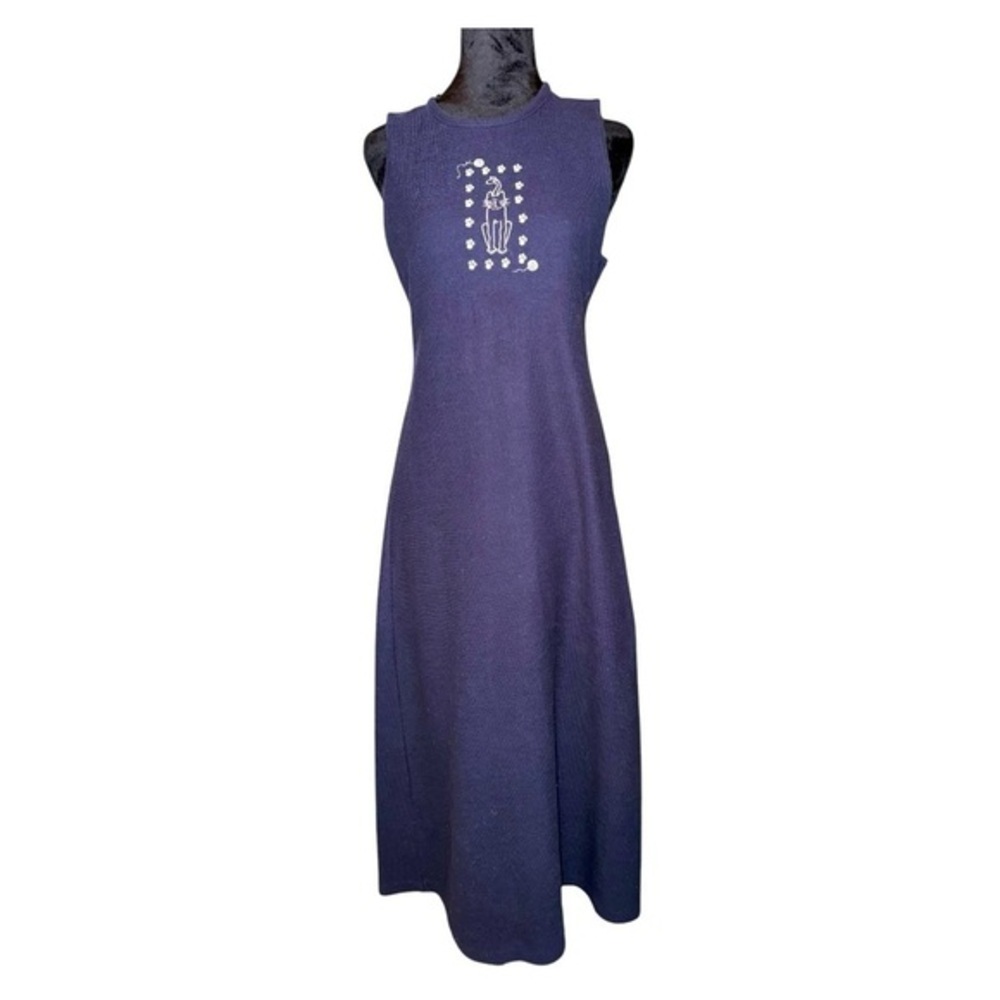 90s VTG Christopher Banks Kitty embroidered Maxi Dress in navy‎ blue size Medium